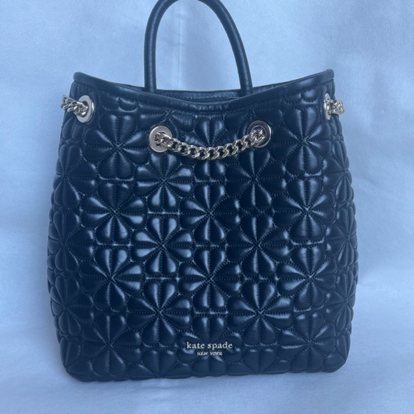 Kate Spade New York Bloom Logo Quilted Leather Backpack Black Drawstring Chain - Picture 5 of 14